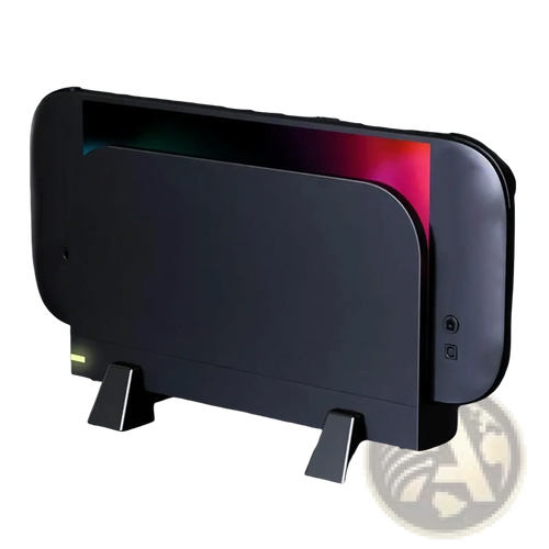 Black Nintendo Switch console with sleek matte finish and vibrant rgb lighting on top edge shown with ABS gaming dock stand