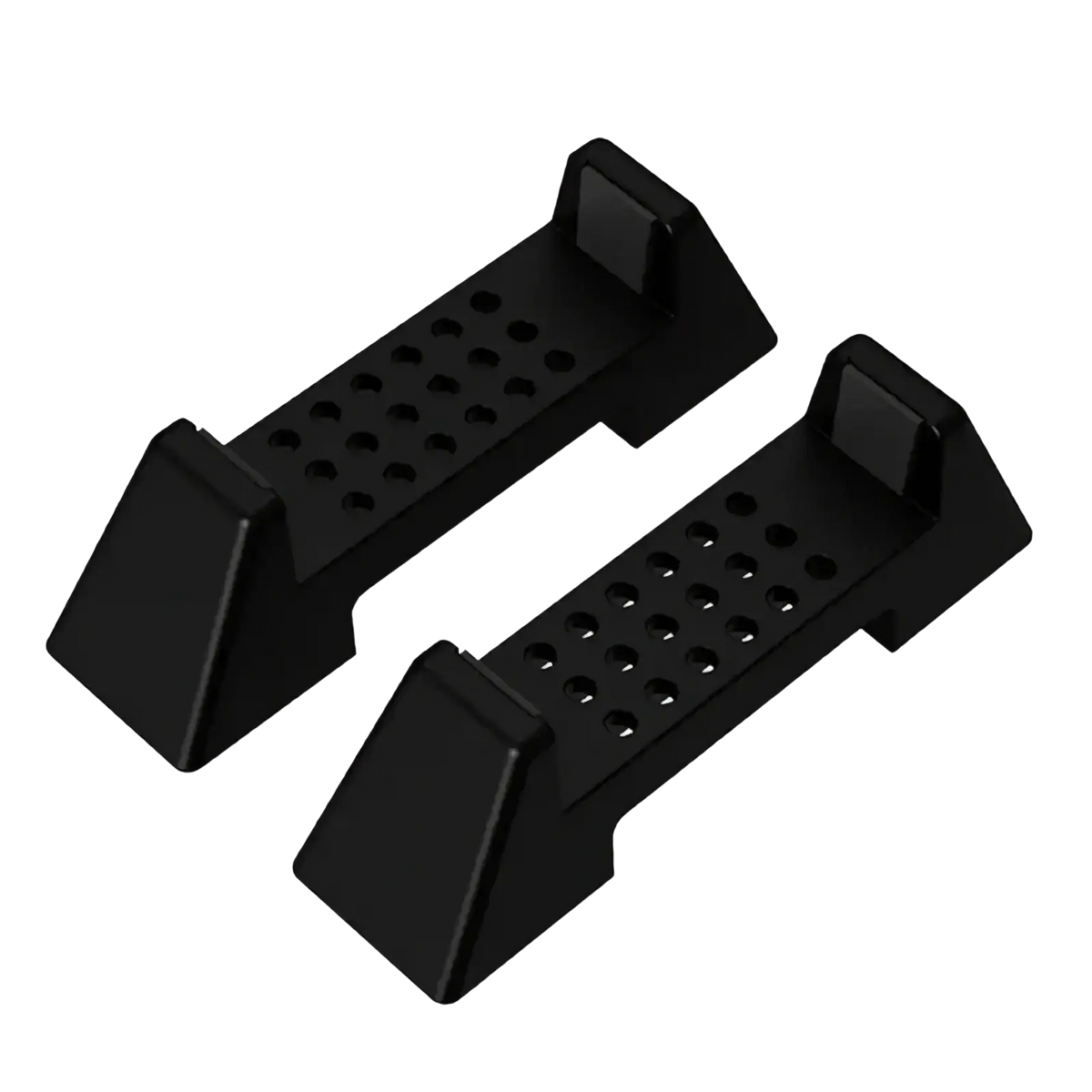 Black plastic console dock stand abs gaming support bracket with textured perforated surface and angular design