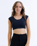 Black sleeveless contour demi cropped shaping tee with rounded neckline and moisture wicking soft stretchy fabric