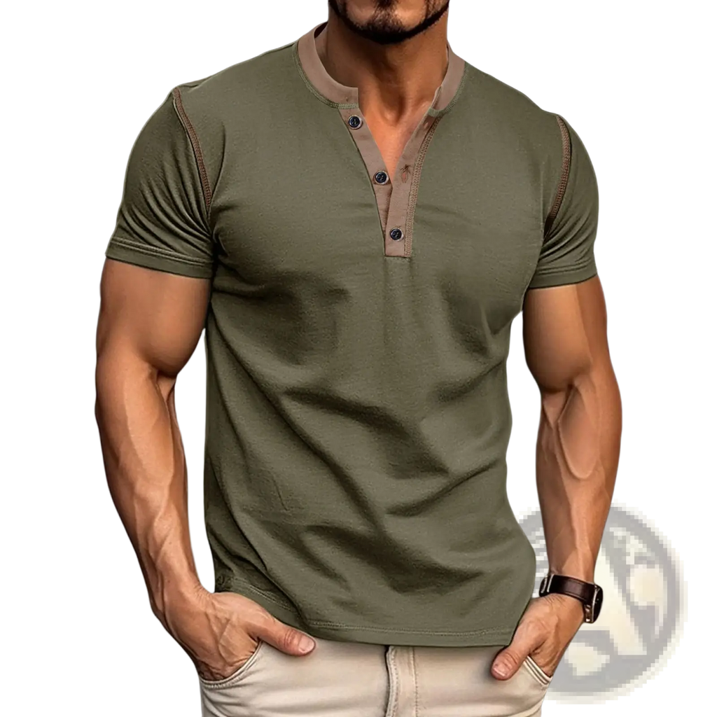 Olive green short sleeve henley polo shirt with contrasting tan collar and placket for casual wear