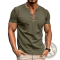 Olive green short sleeve henley polo shirt with contrasting tan collar and placket for casual wear