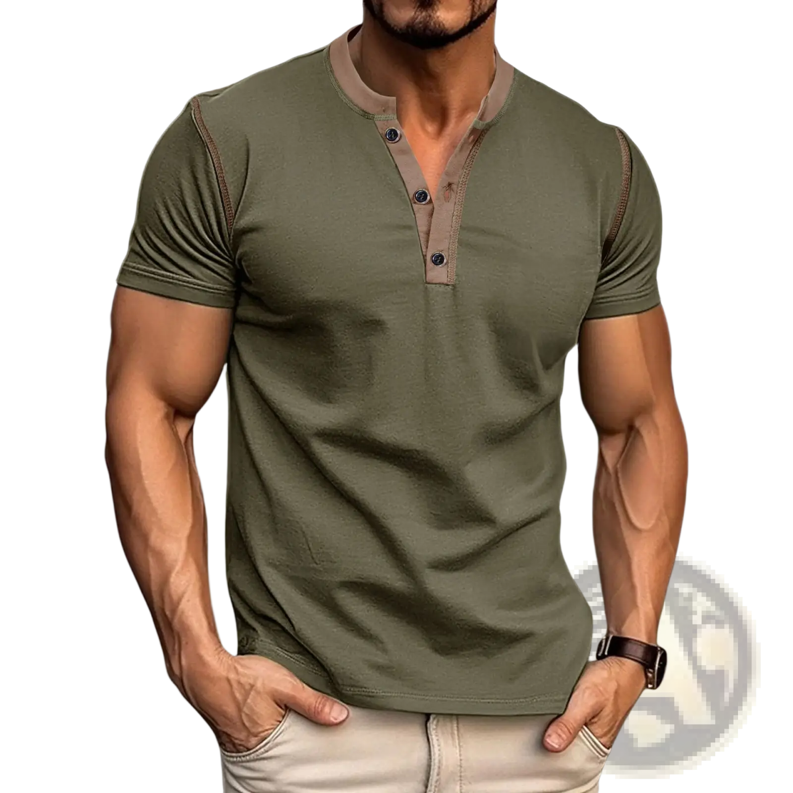 Olive green short sleeve henley polo shirt with contrasting tan collar and placket for casual wear