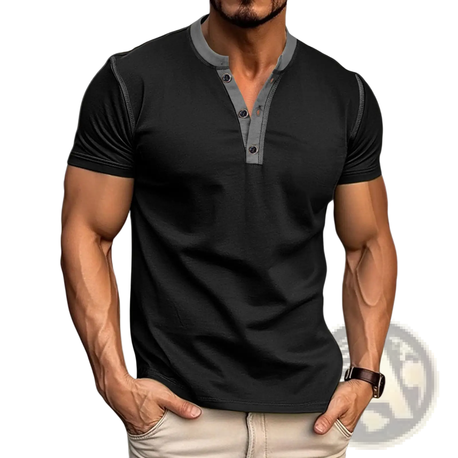Black short-sleeved henley polo shirt with gray contrast trim on collar and button placket for casual wear