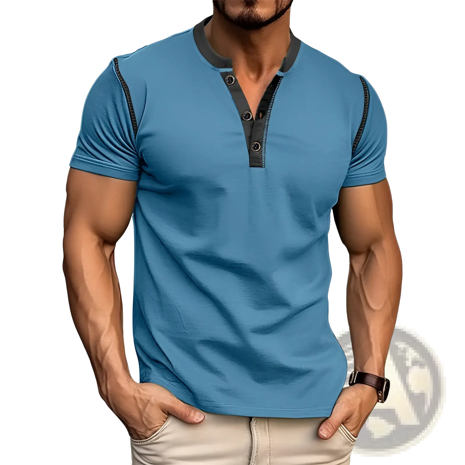 Blue short-sleeved henley polo shirt with black button placket and trim featuring contrast detailing