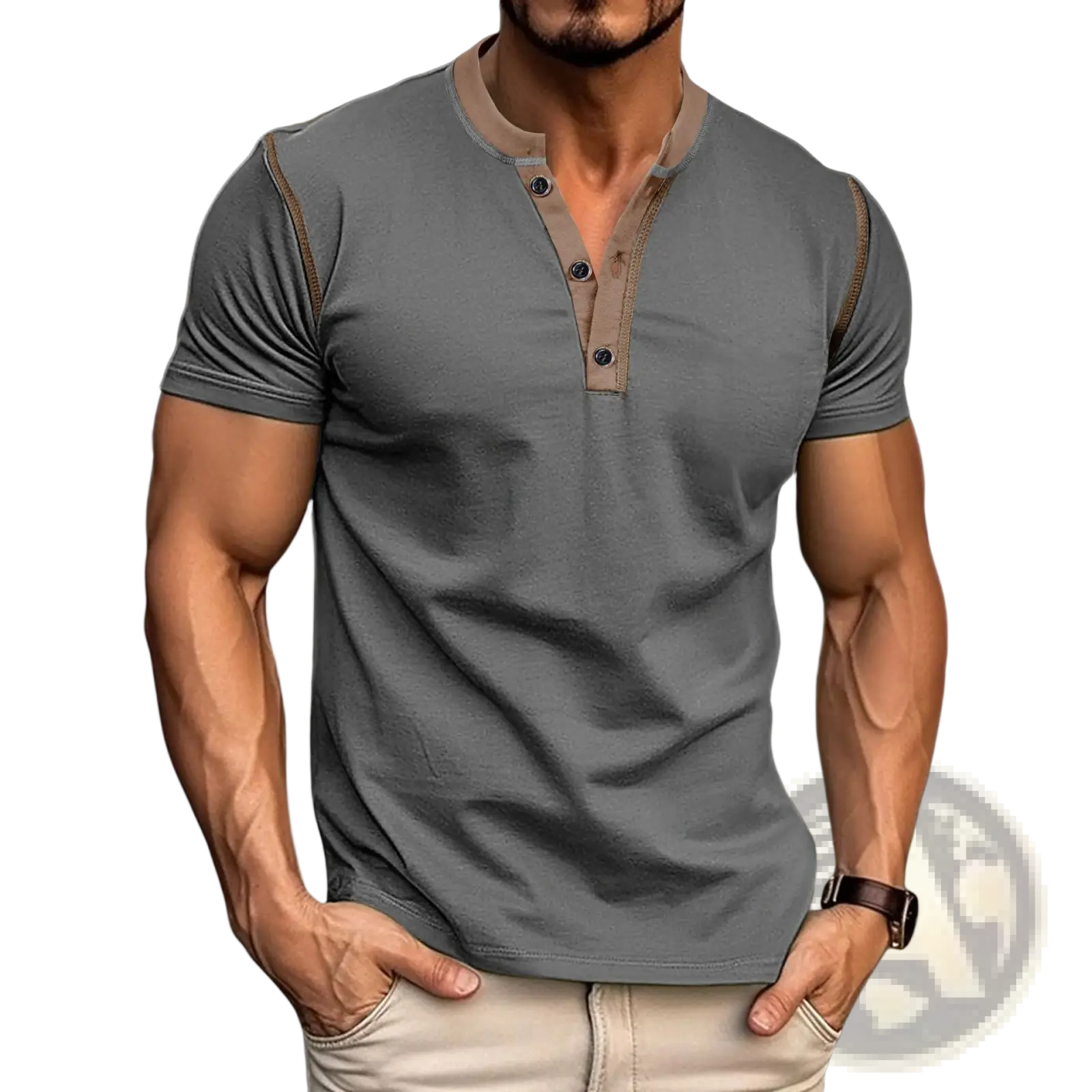 Contrast trim short sleeve henley polo shirt in gray with tan trim and button details, suitable for casual wear