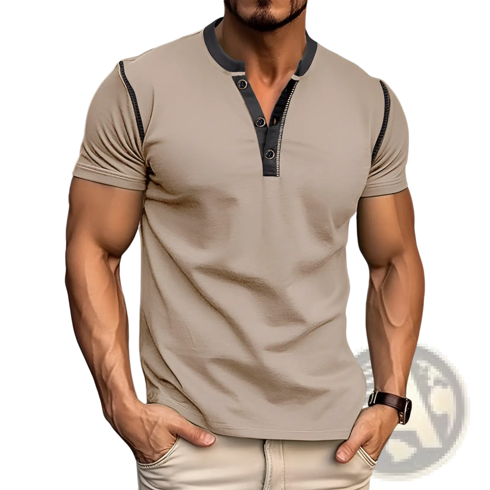 Beige short sleeve henley polo shirt with black contrast trim and button details for casual wear