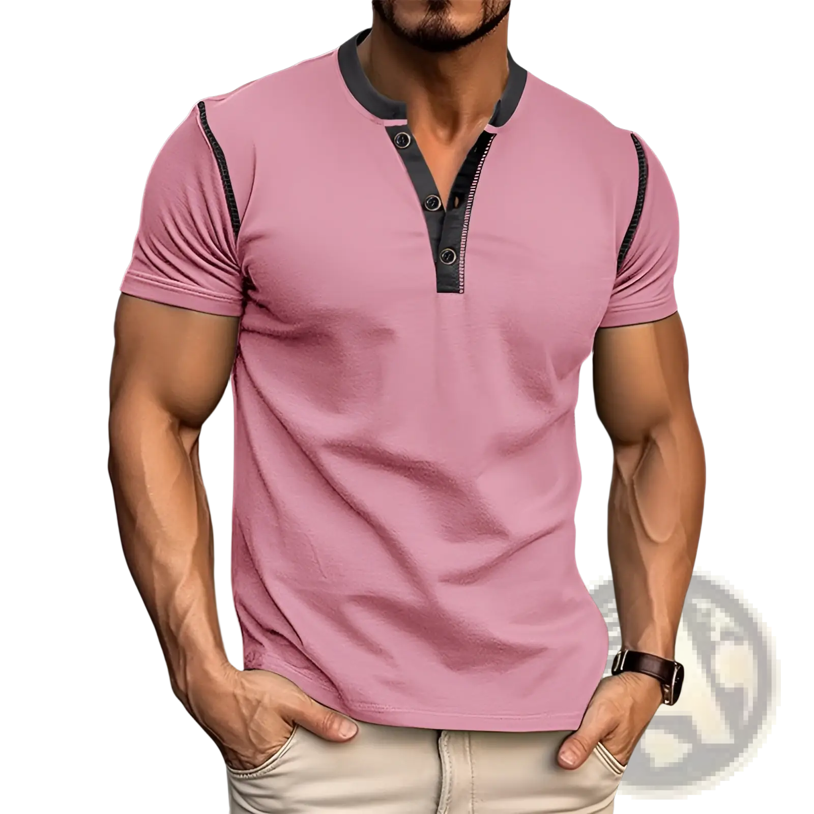 A men’s pink short-sleeved henley polo shirt with black contrast trim and three-button placket for casual wear