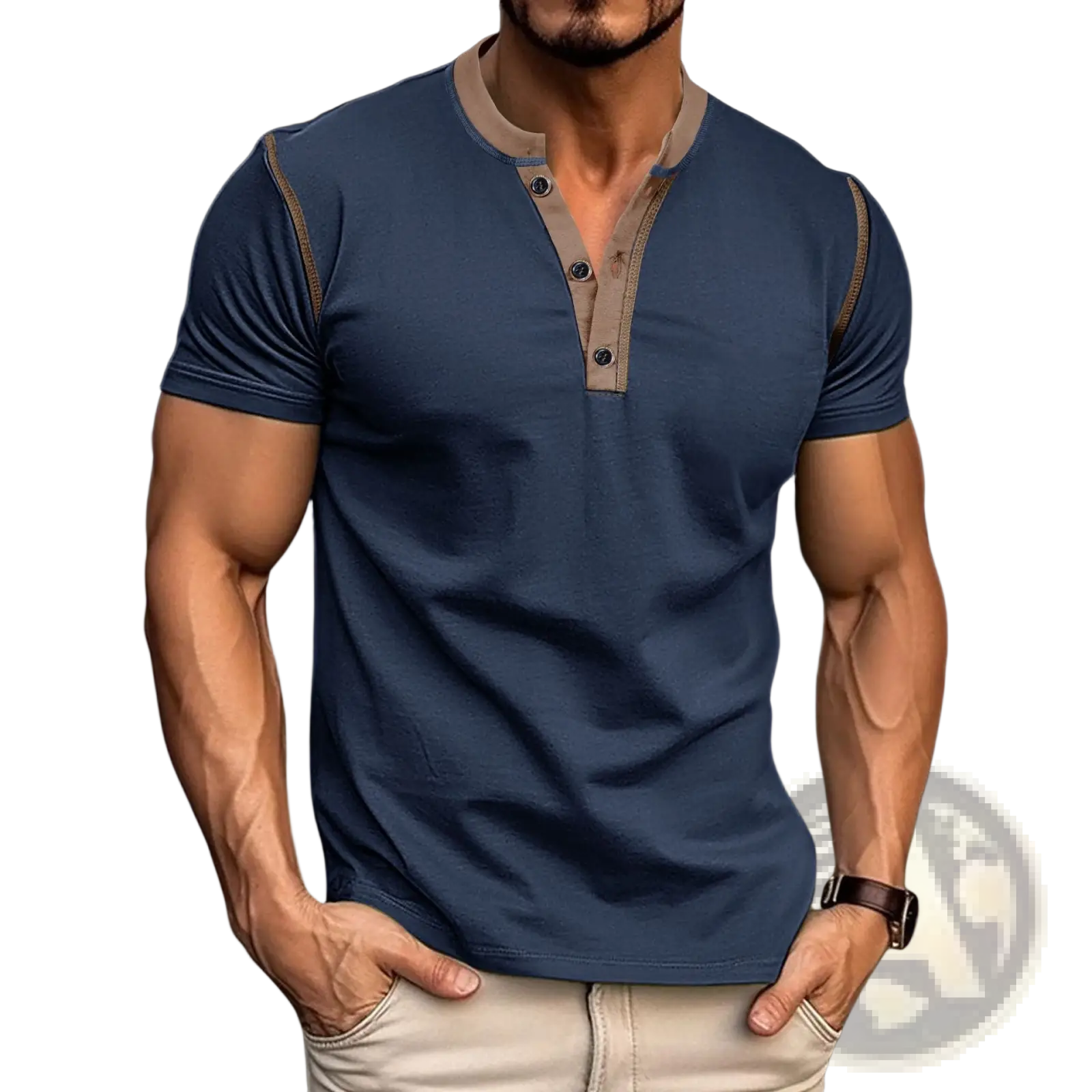 Navy blue short sleeve henley polo shirt with beige contrast trim and button details ideal for casual wear