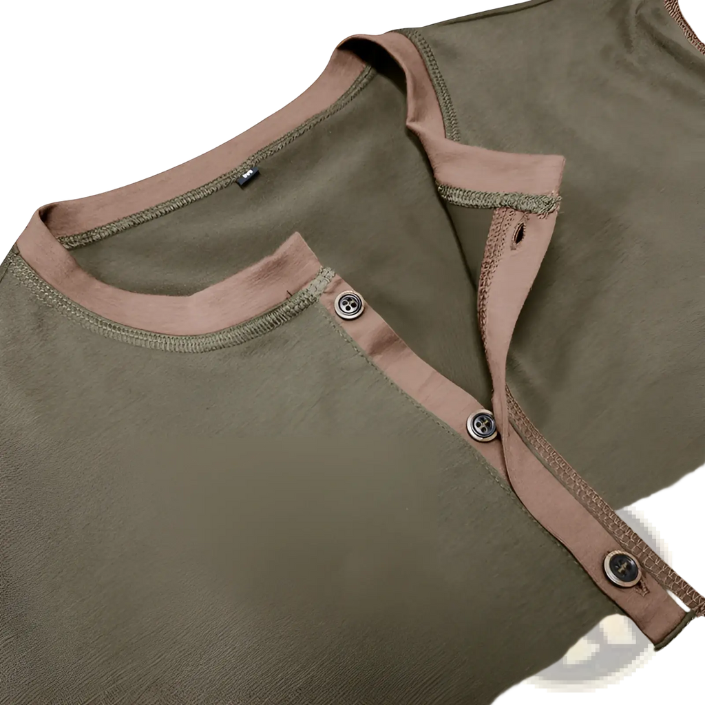 Olive green short sleeve henley polo shirt with contrasting tan ribbed collar and silver-toned buttons