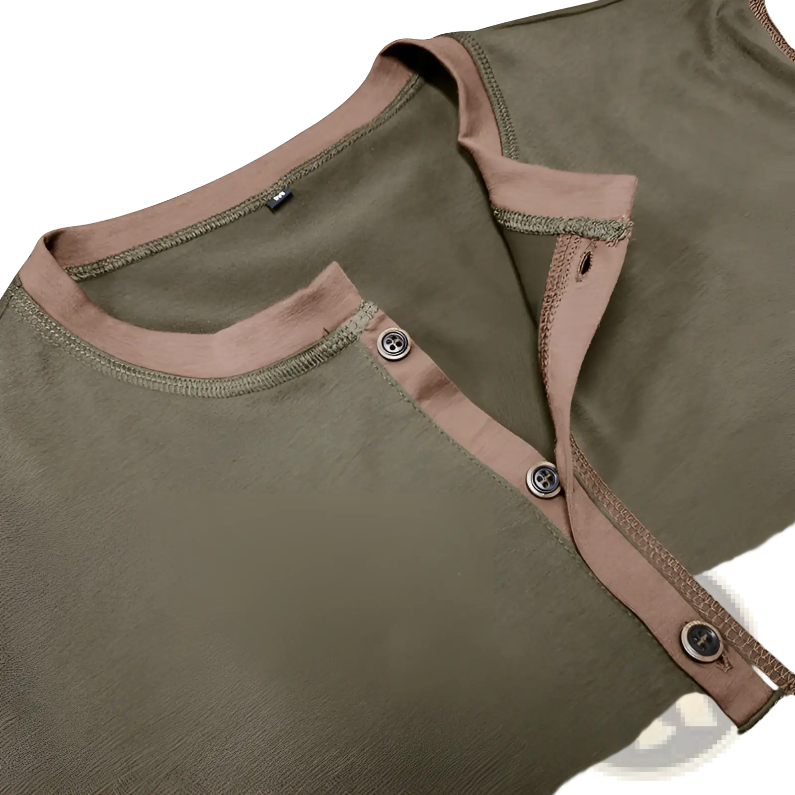 Olive green short sleeve henley polo shirt with contrasting tan ribbed collar and silver-toned buttons