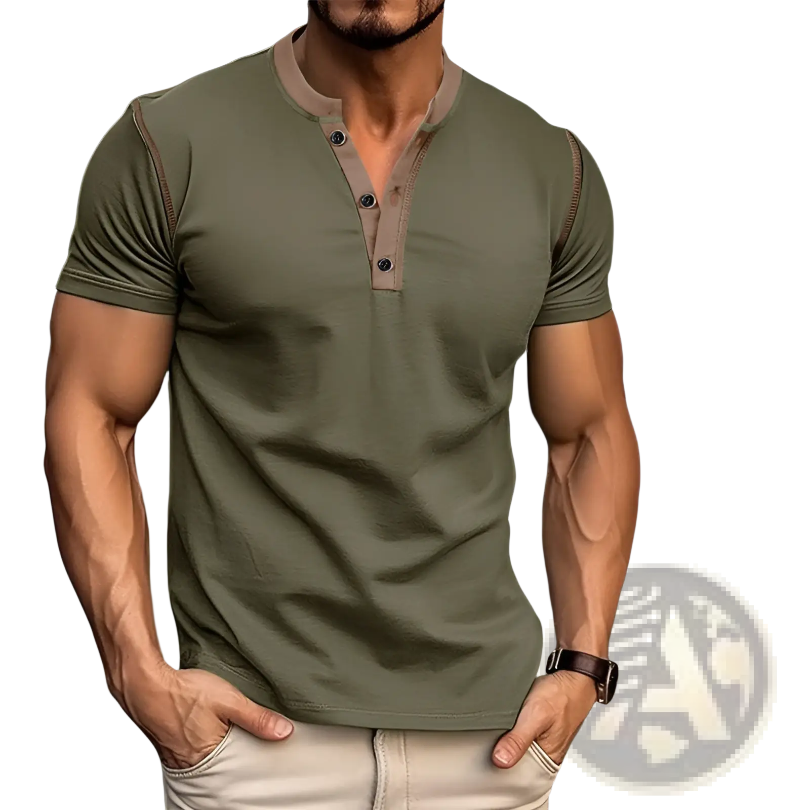 Olive green short sleeve henley polo shirt with contrasting tan collar and sleeve trim for casual wear