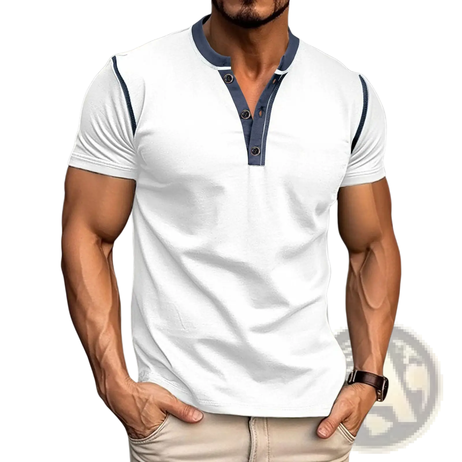 White short sleeve henley polo shirt with navy blue contrast trim and button details for casual wear
