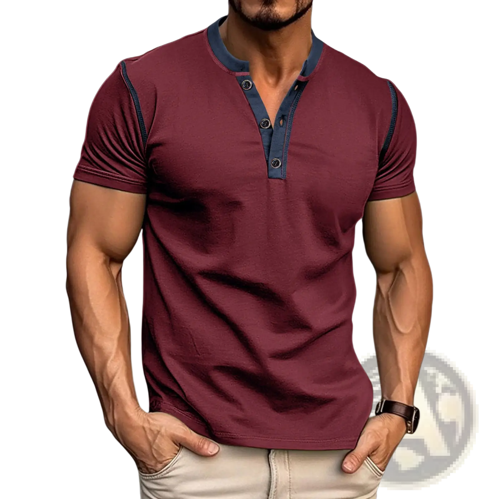 Maroon short sleeve henley polo shirt with navy blue contrast trim on collar and sleeves ideal for casual wear
