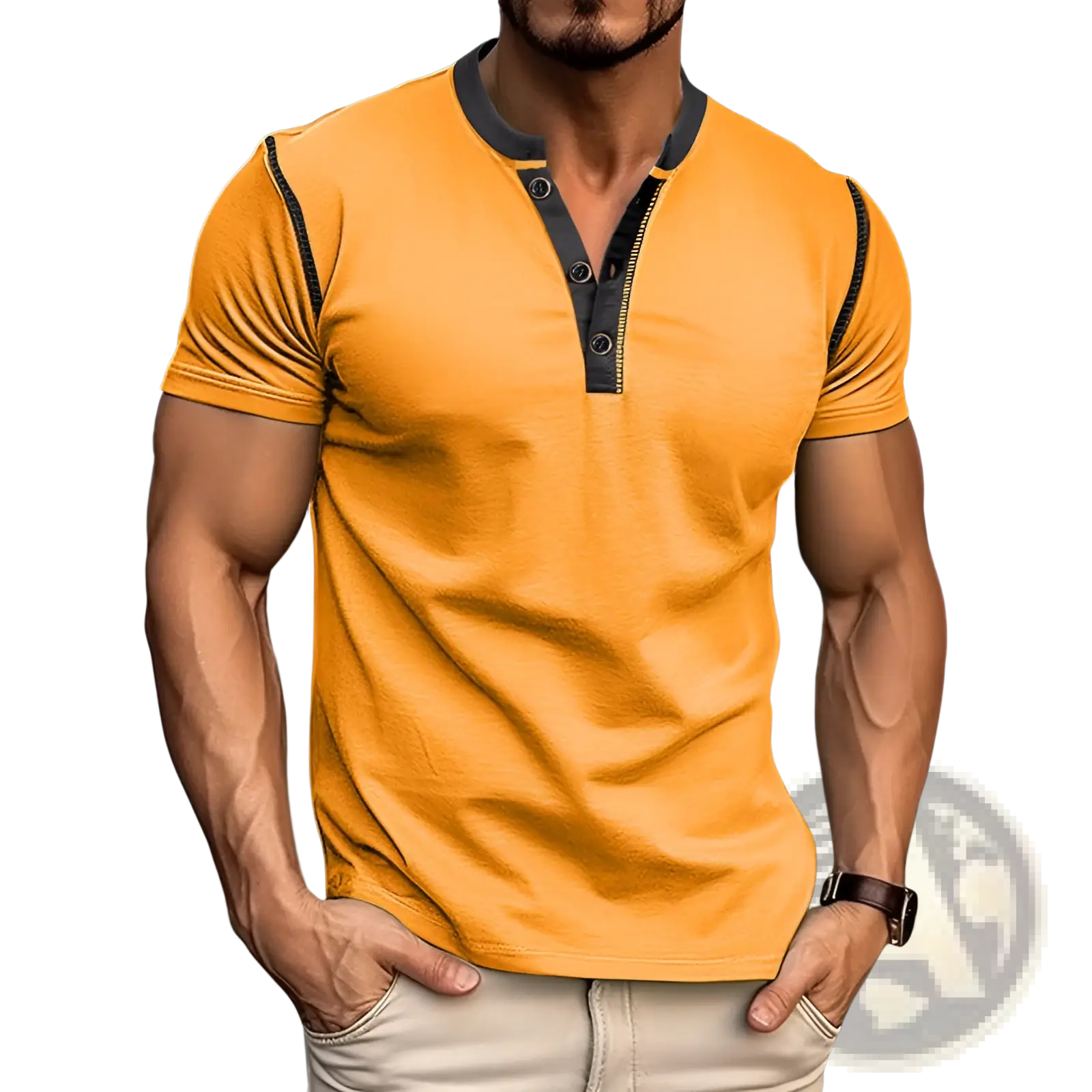 A vibrant orange short sleeve henley polo shirt with black contrast trim on collar and sleeves for casual wear
