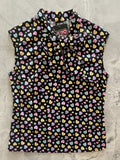 Black sleeveless vintage blouse with colorful candy heart pattern and bow at the neckline for stylish wear