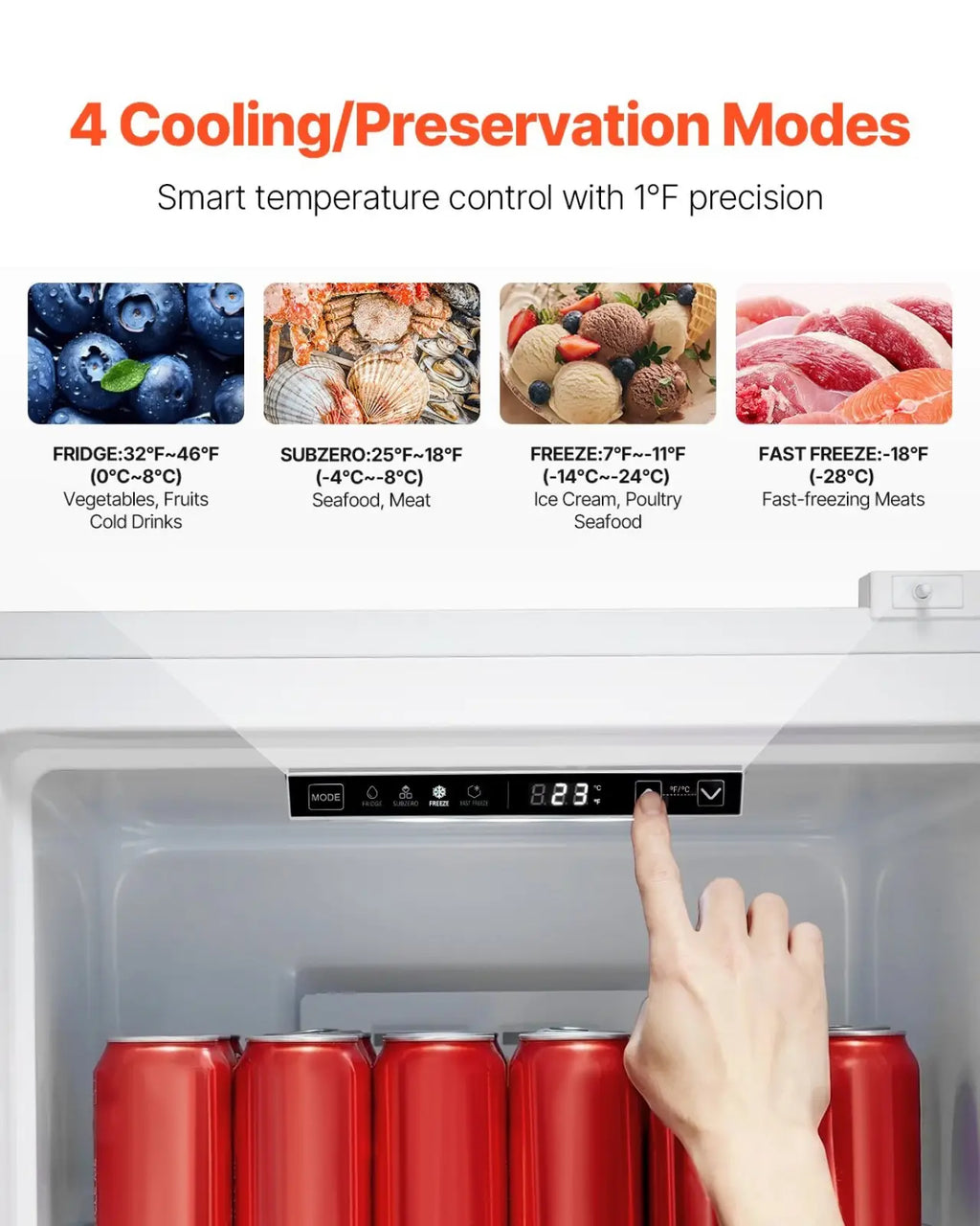 White convertible freezer refrigerator 11 cu ft frost free with digital control panel showing 23°c and four cooling modes