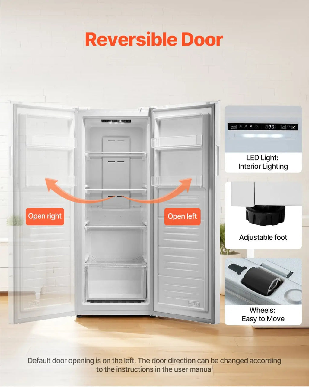 White convertible freezer refrigerator 11 cu ft frost free with reversible doors led interior lighting adjustable feet and wheels