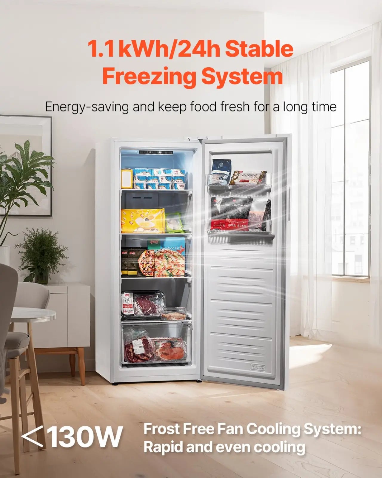 White convertible freezer refrigerator 11 cu ft with frost free fan cooling system and stable 1.1 kwh/24h freezing capacity