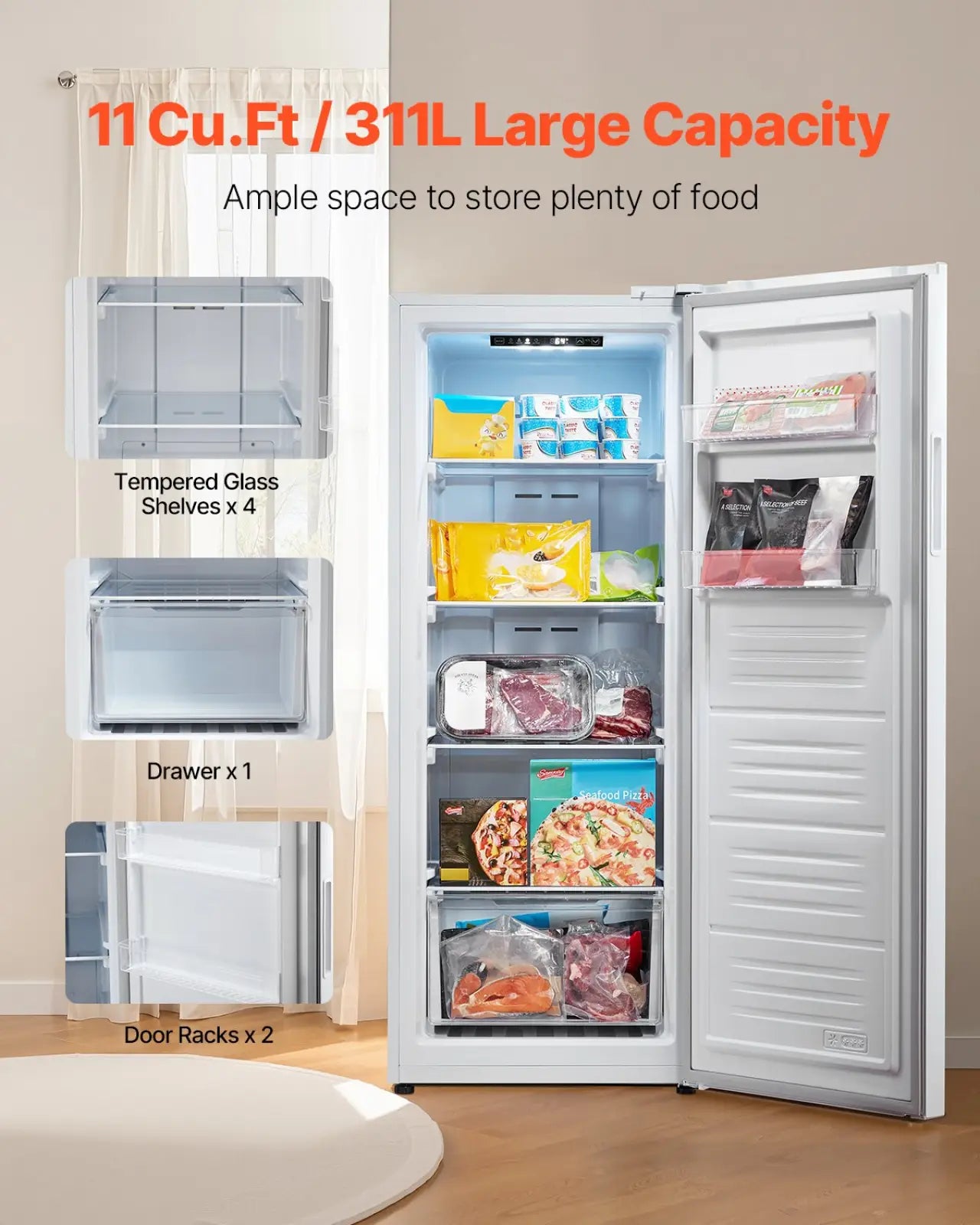 Convertible freezer refrigerator 11 cu ft white with tempered glass shelves drawer and door racks for organized storage