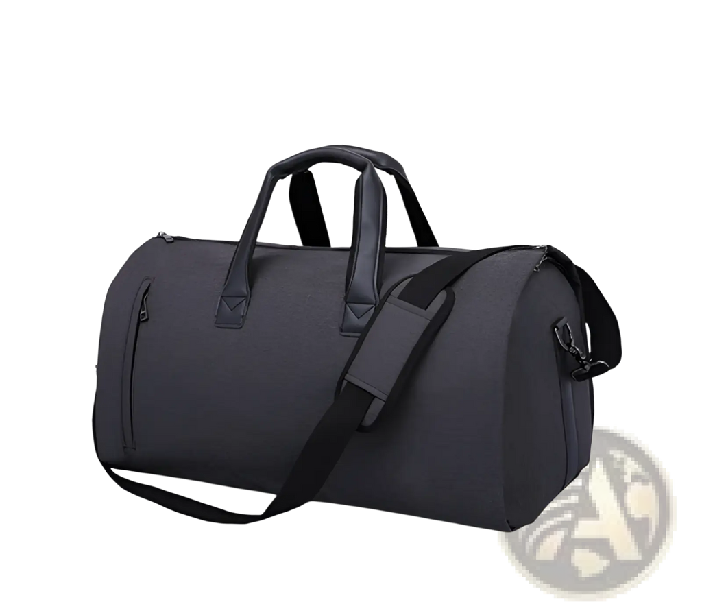 Black convertible garment travel bag with sturdy handles detachable shoulder strap and shoe pocket for organized packing