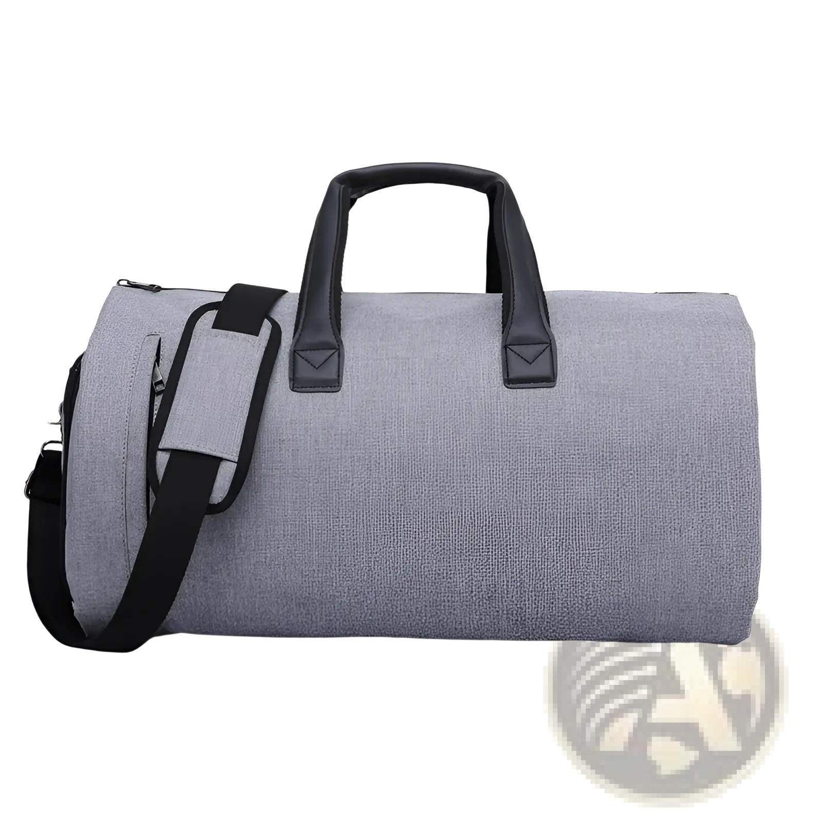 Gray textured fabric convertible garment travel bag with black leather handles and shoe pocket for organized packing