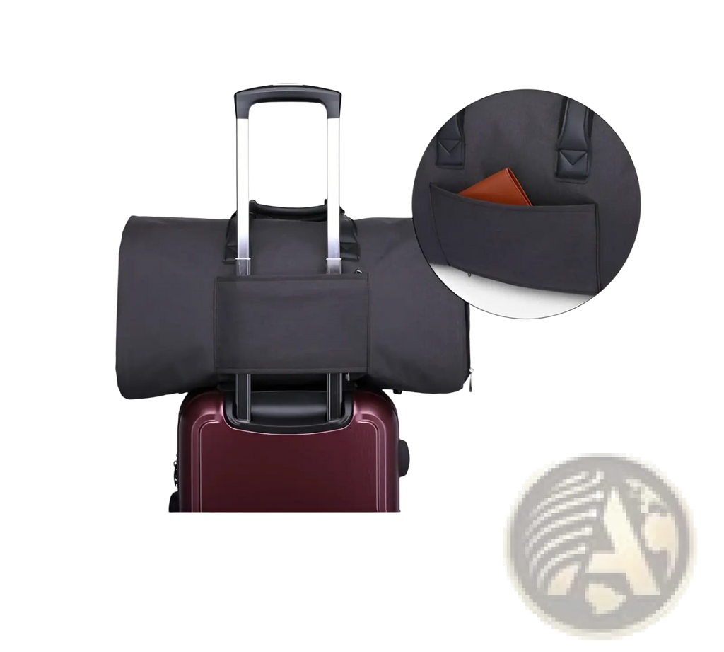 Black fabric convertible garment travel bag strap with sturdy handle and zippered pocket for secure packing