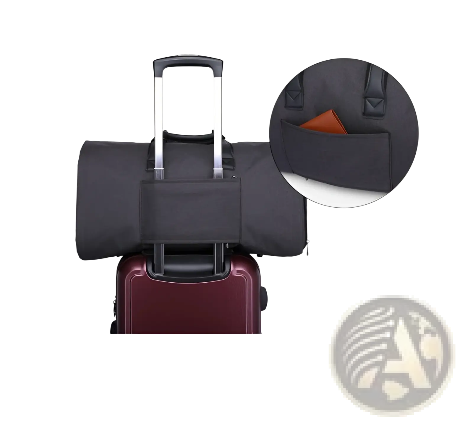 Black fabric convertible garment travel bag strap with sturdy handle and zippered pocket for secure packing