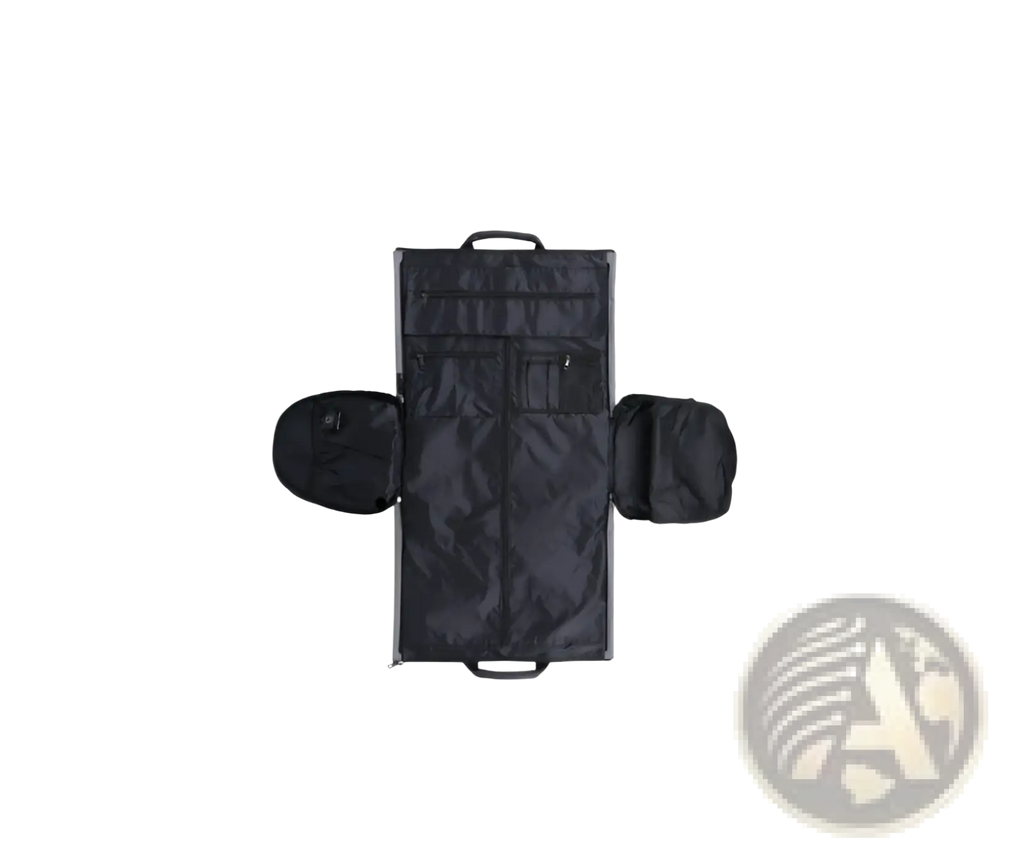 Black fabric convertible garment travel bag with shoe pocket, two side pockets, and top handle for easy carrying