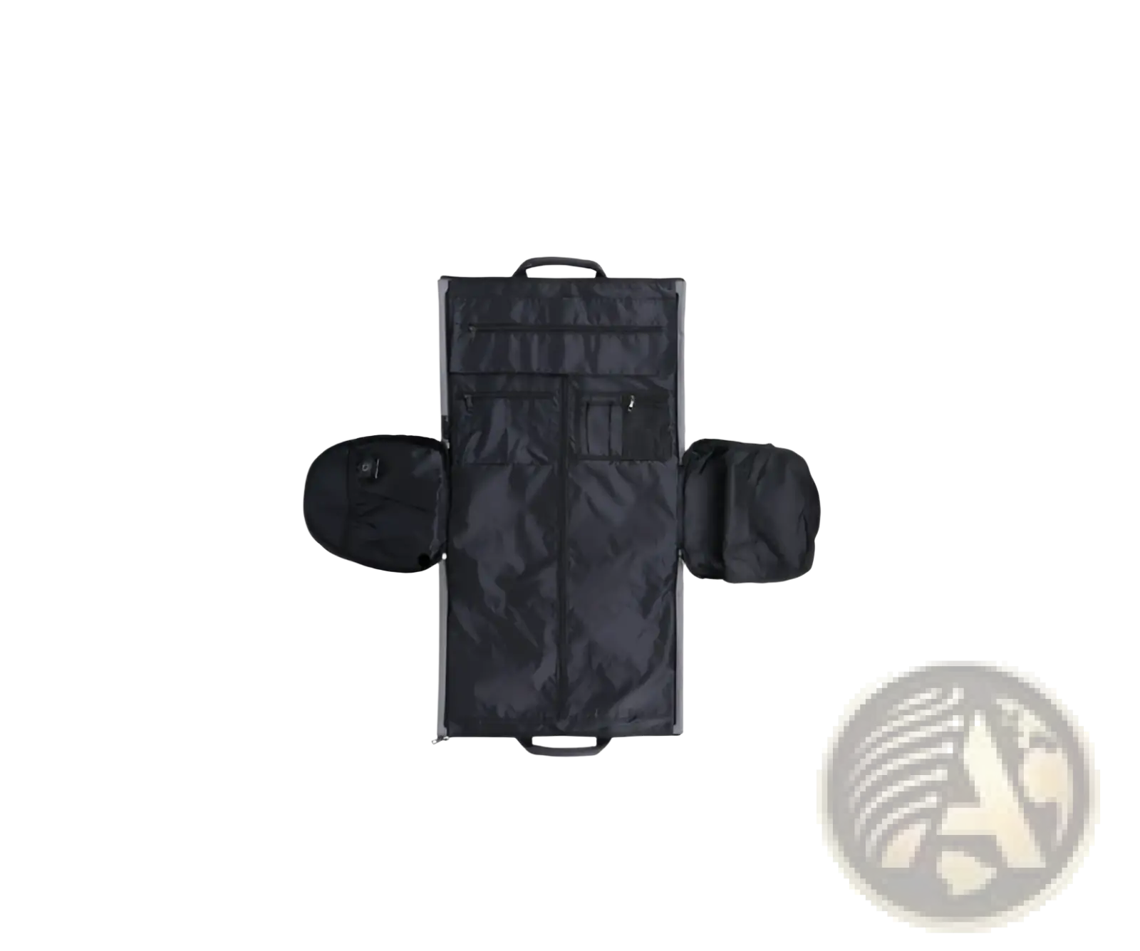 Black fabric convertible garment travel bag with shoe pocket, two side pockets, and top handle for easy carrying