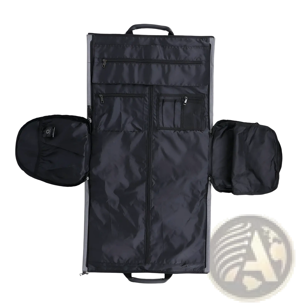 Black fabric convertible garment travel bag with gray trim multiple zippered compartments and shoe pocket