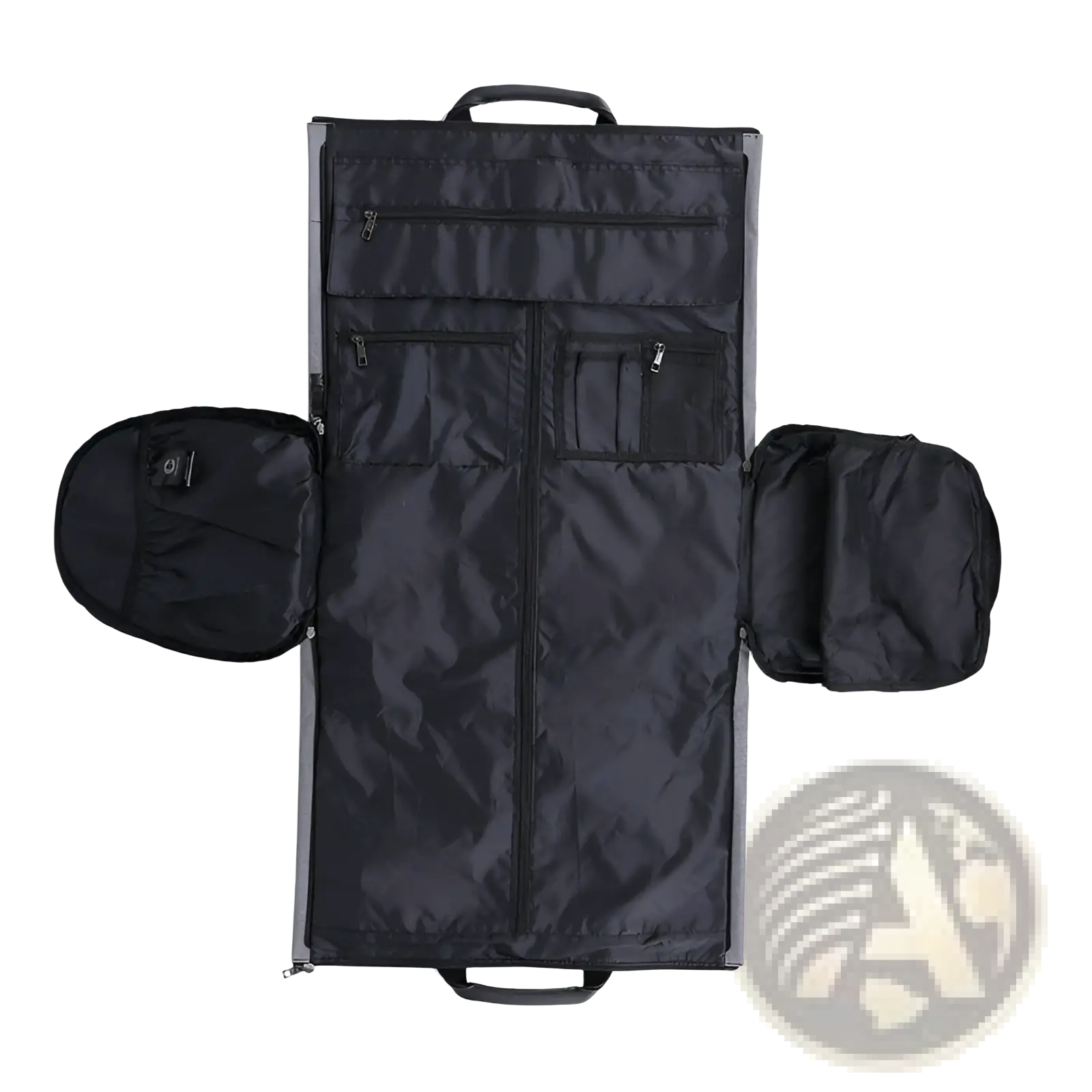 Black fabric convertible garment travel bag with gray trim multiple zippered compartments and shoe pocket