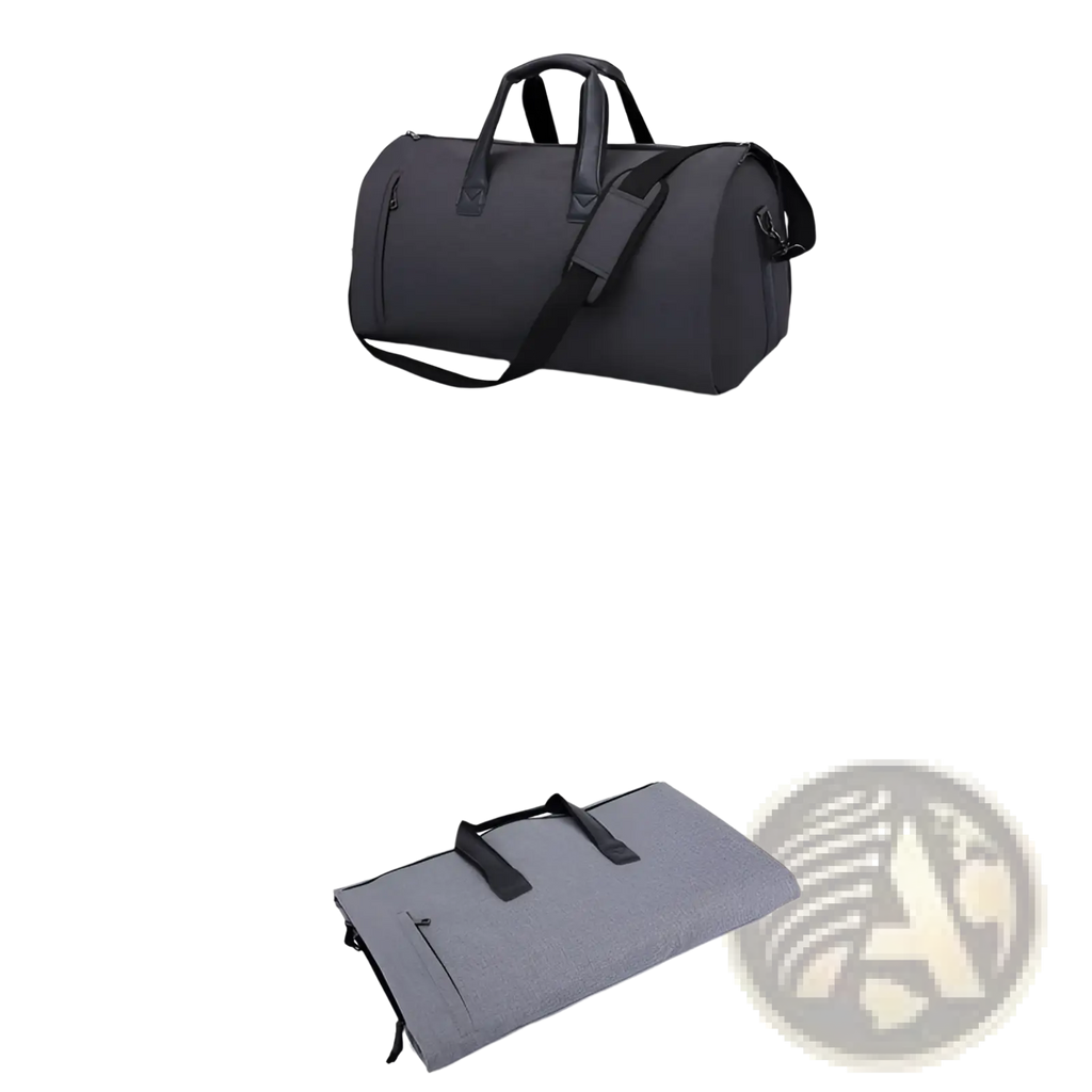 Black and gray convertible garment travel duffel bag with adjustable shoulder strap and shoe pocket in sleek fabric design