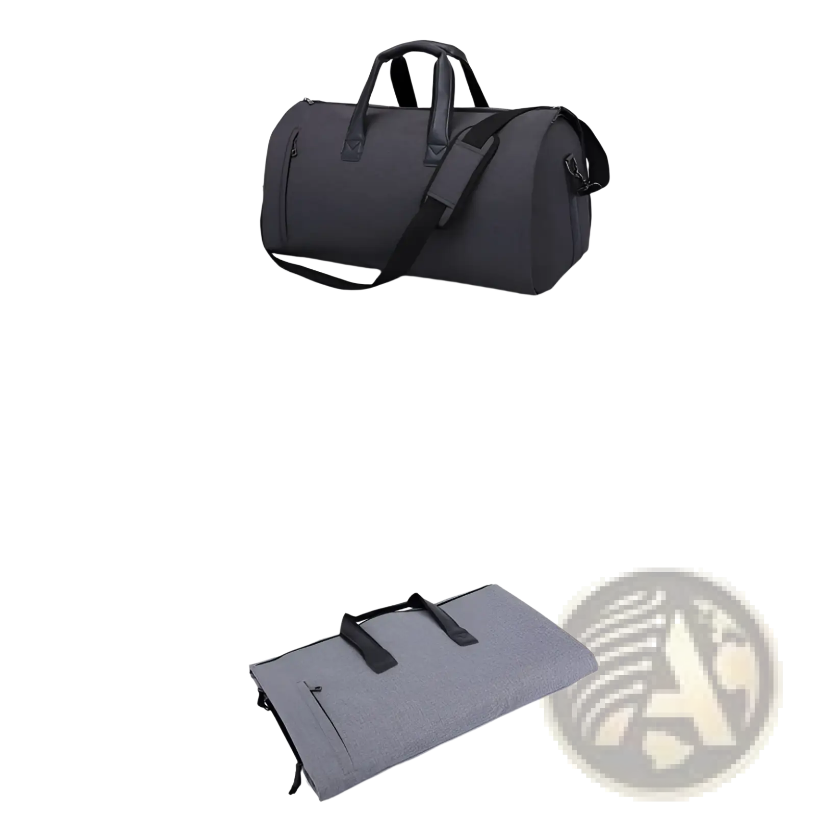 Black and gray convertible garment travel duffel bag with adjustable shoulder strap and shoe pocket in sleek fabric design
