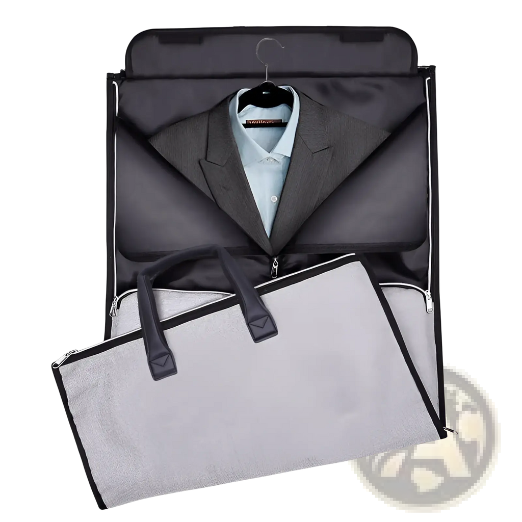 Convertible garment travel bag in gray textured fabric with black trim and handles designed to hold a suit and shoes