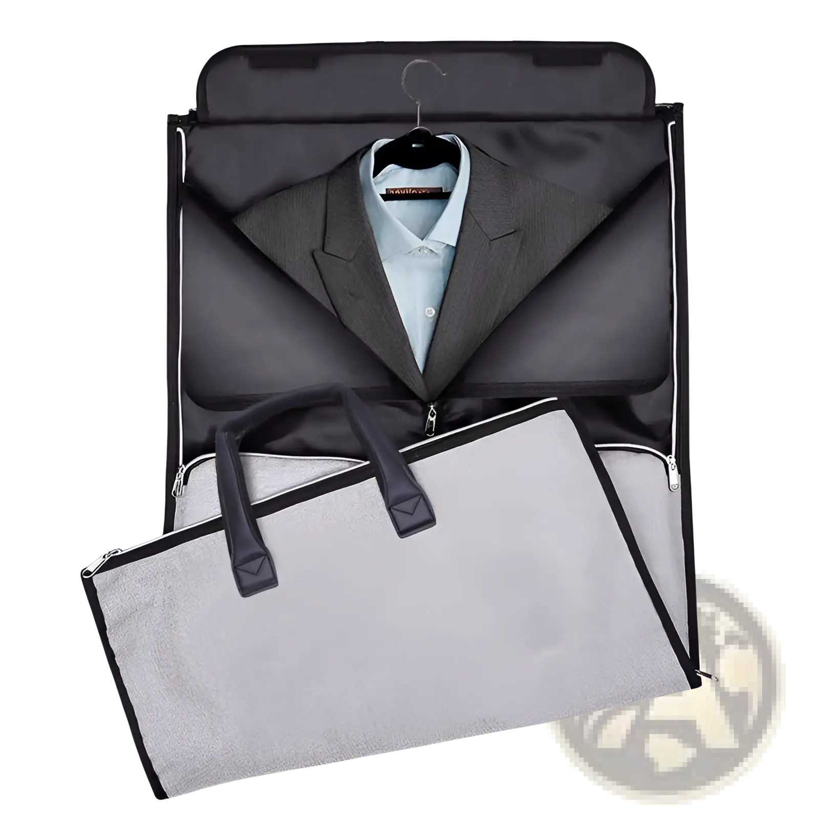 Convertible garment travel bag in gray textured fabric with black trim and handles designed to hold a suit and shoes