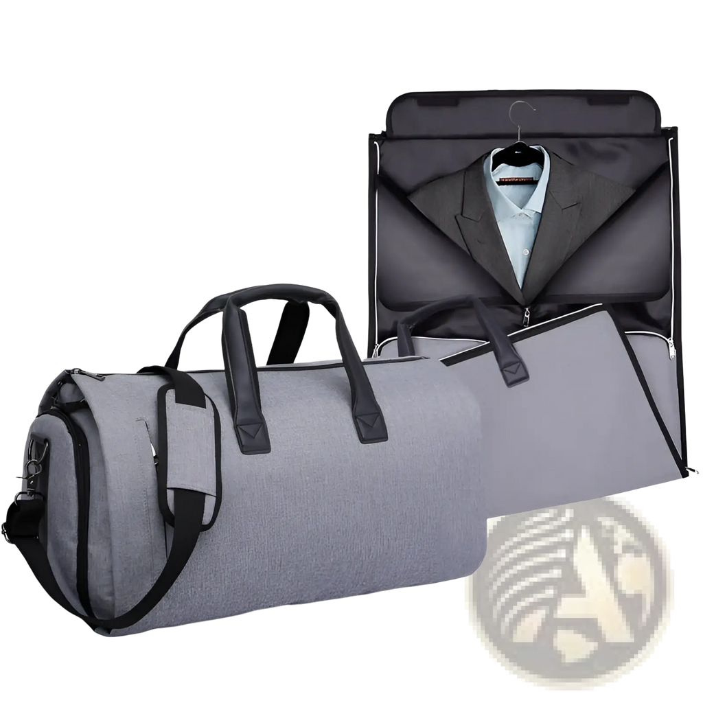 Gray textured fabric convertible garment travel bag with black handles and zipper accents designed for hanging suits