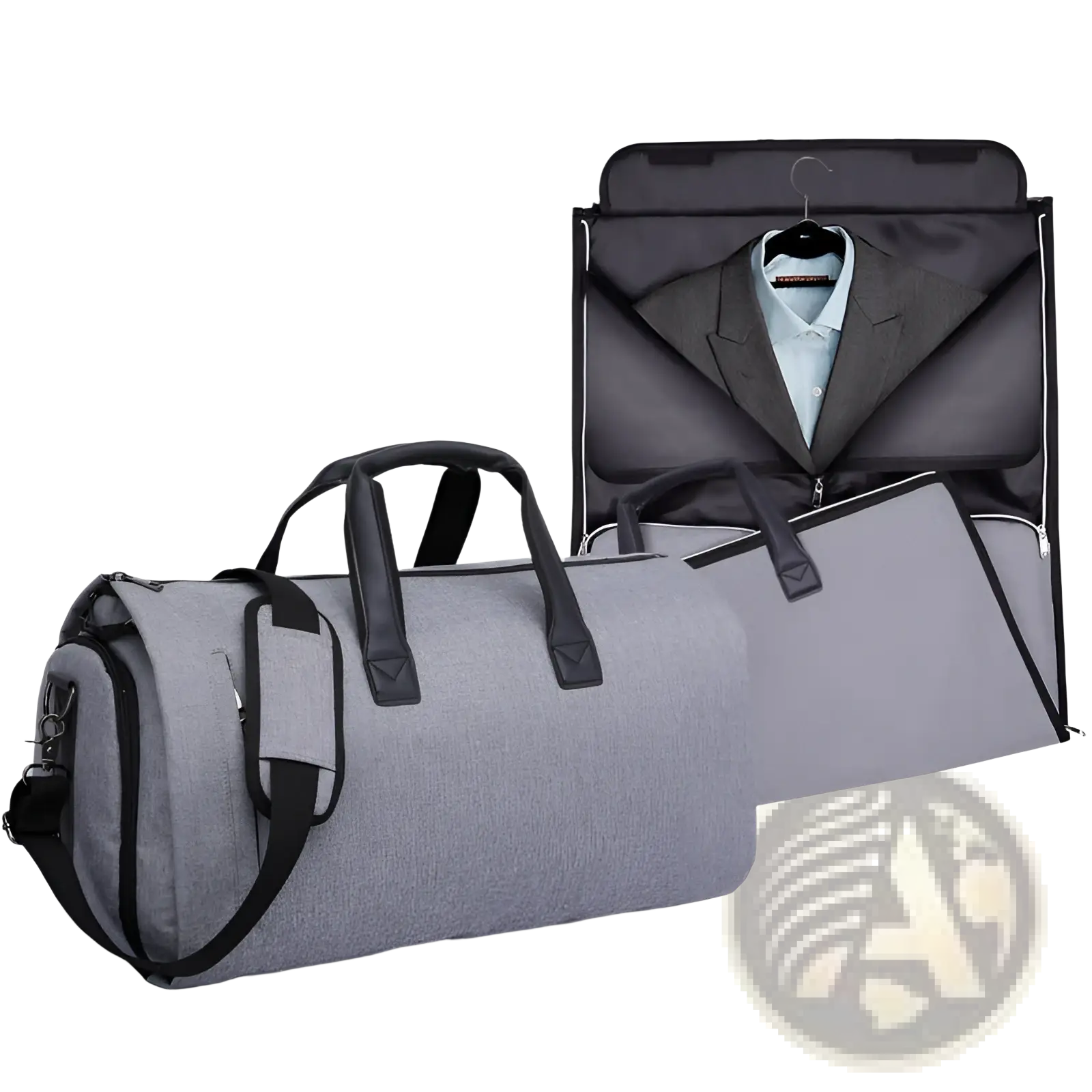 Gray textured fabric convertible garment travel bag with black handles and zipper accents designed for hanging suits