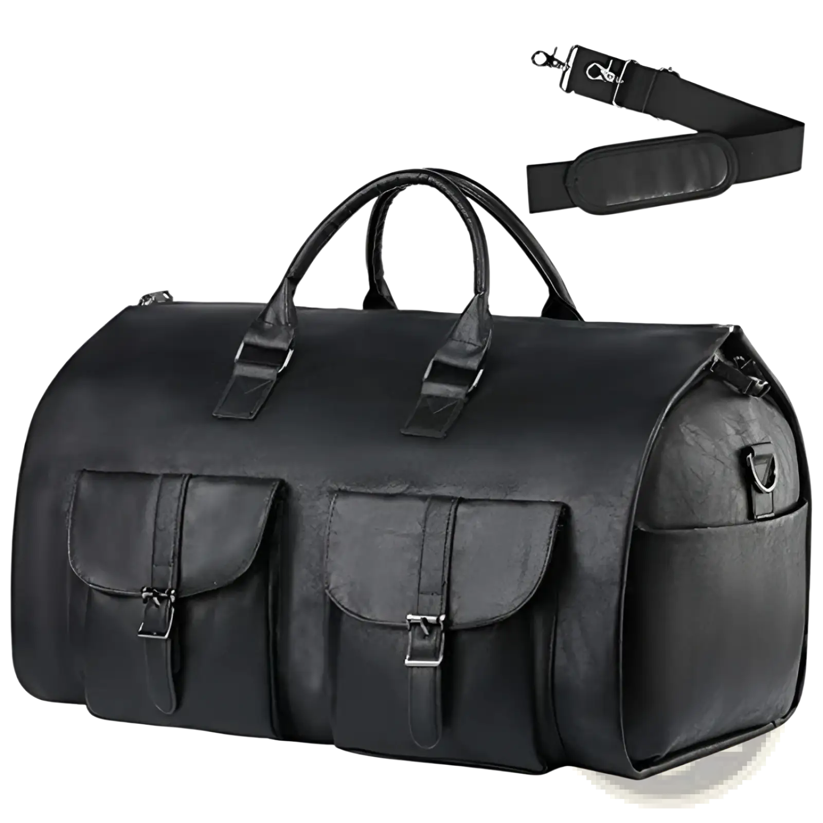 Black leather convertible travel garment bag with two front flap pockets and a detachable shoulder strap