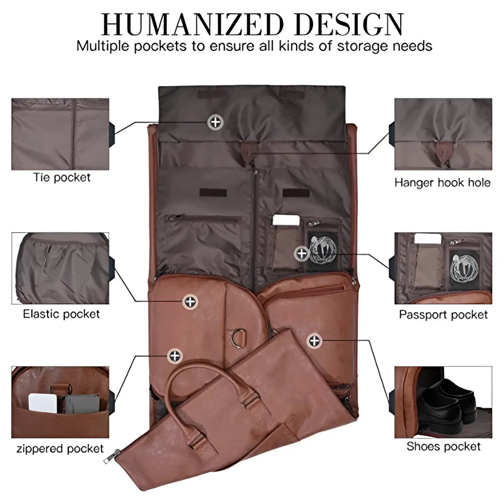 Brown leather convertible travel garment bag with multiple compartments including tie and passport pockets and shoe compartment