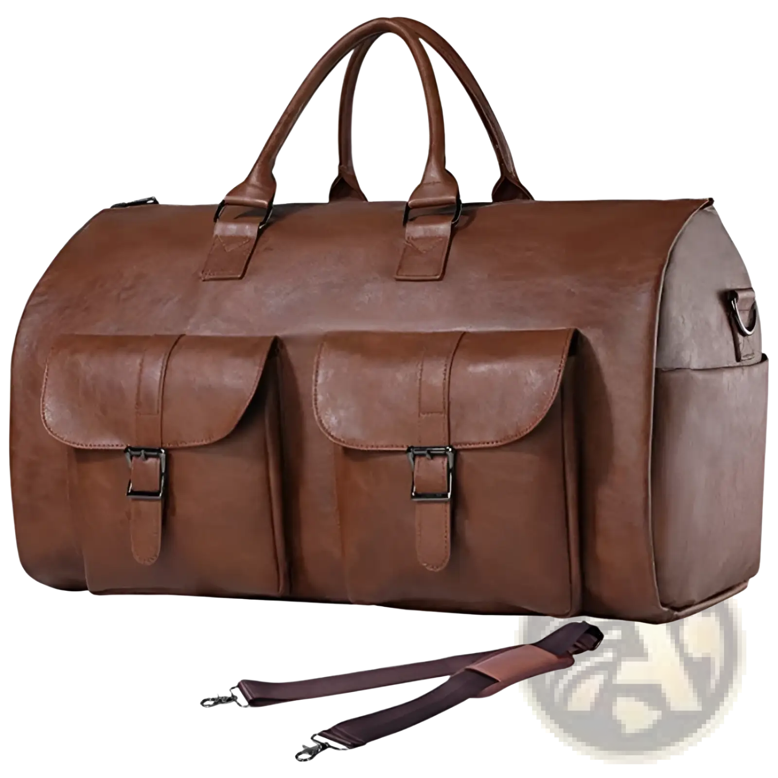 Convertible brown leather travel garment bag with two front flap pockets secured by metal buckles and detachable strap