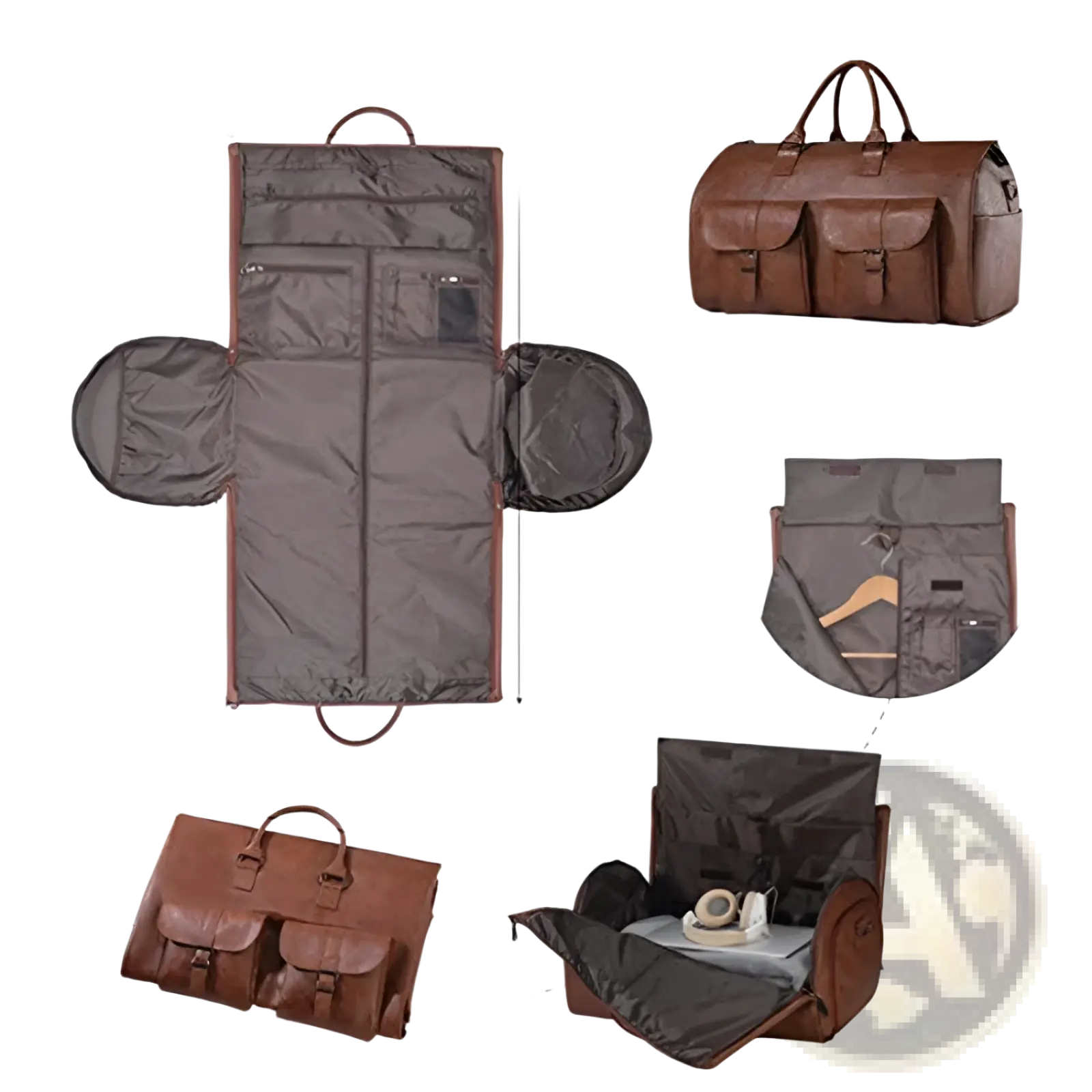 Brown leather convertible travel garment bag with multiple compartments and built-in hanger including shoe pocket