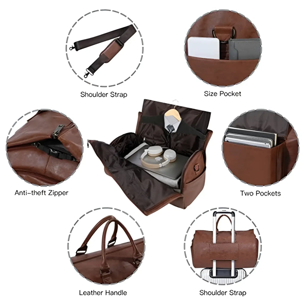 Brown leather convertible travel garment bag with multiple compartments and retractable handle for easy transport
