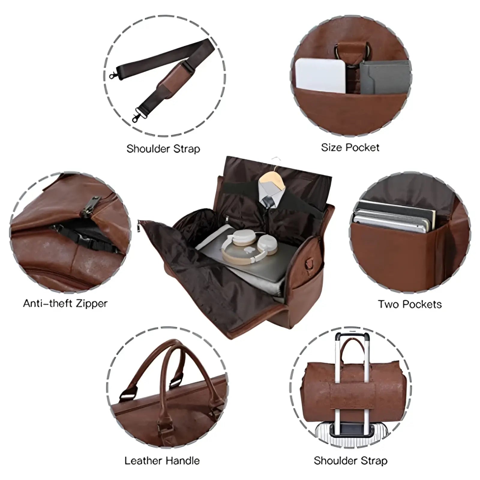 Brown leather convertible travel garment bag with multiple compartments and retractable handle for easy transport