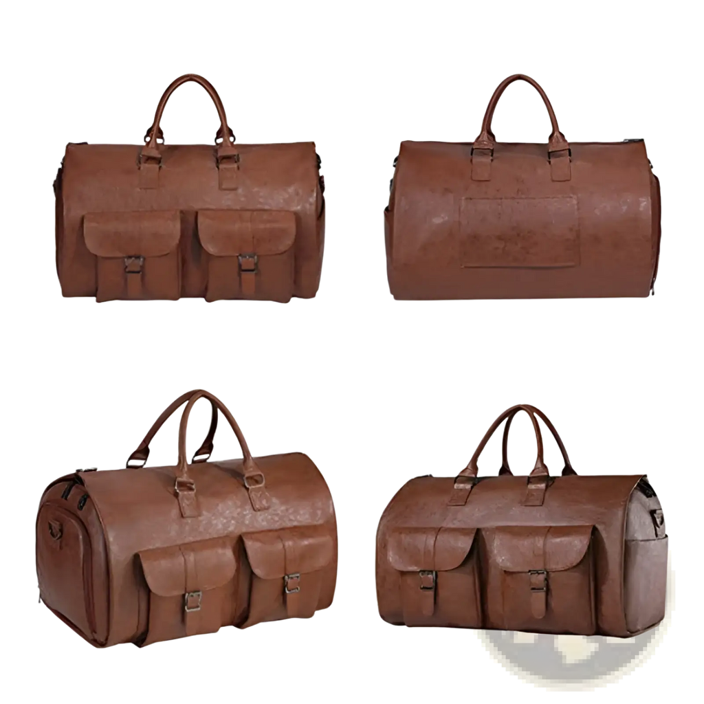 Brown leather convertible travel garment bag with top handles two front flap pockets and shoe pocket