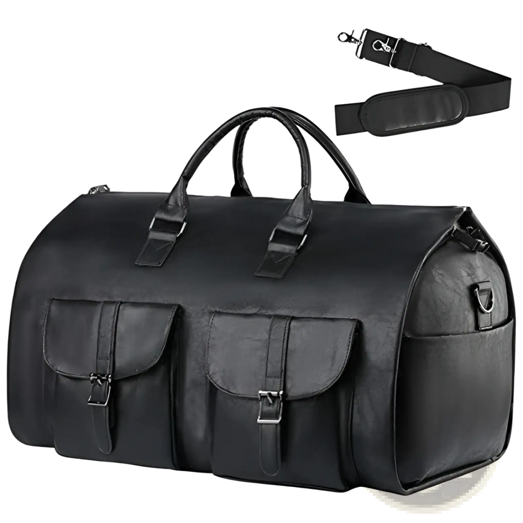 Black leather convertible travel garment bag with two front flap pockets and detachable shoulder strap