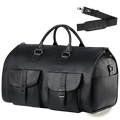 Black leather convertible travel garment bag with two front flap pockets and detachable shoulder strap