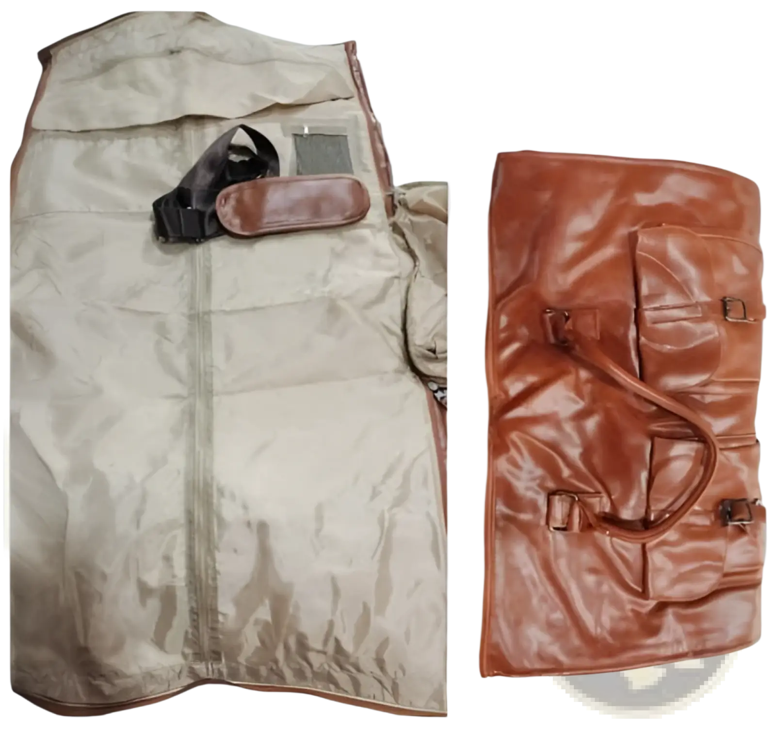 Beige and brown leather convertible travel garment bag with zipper closure, adjustable straps, and multiple pockets including shoe pocket