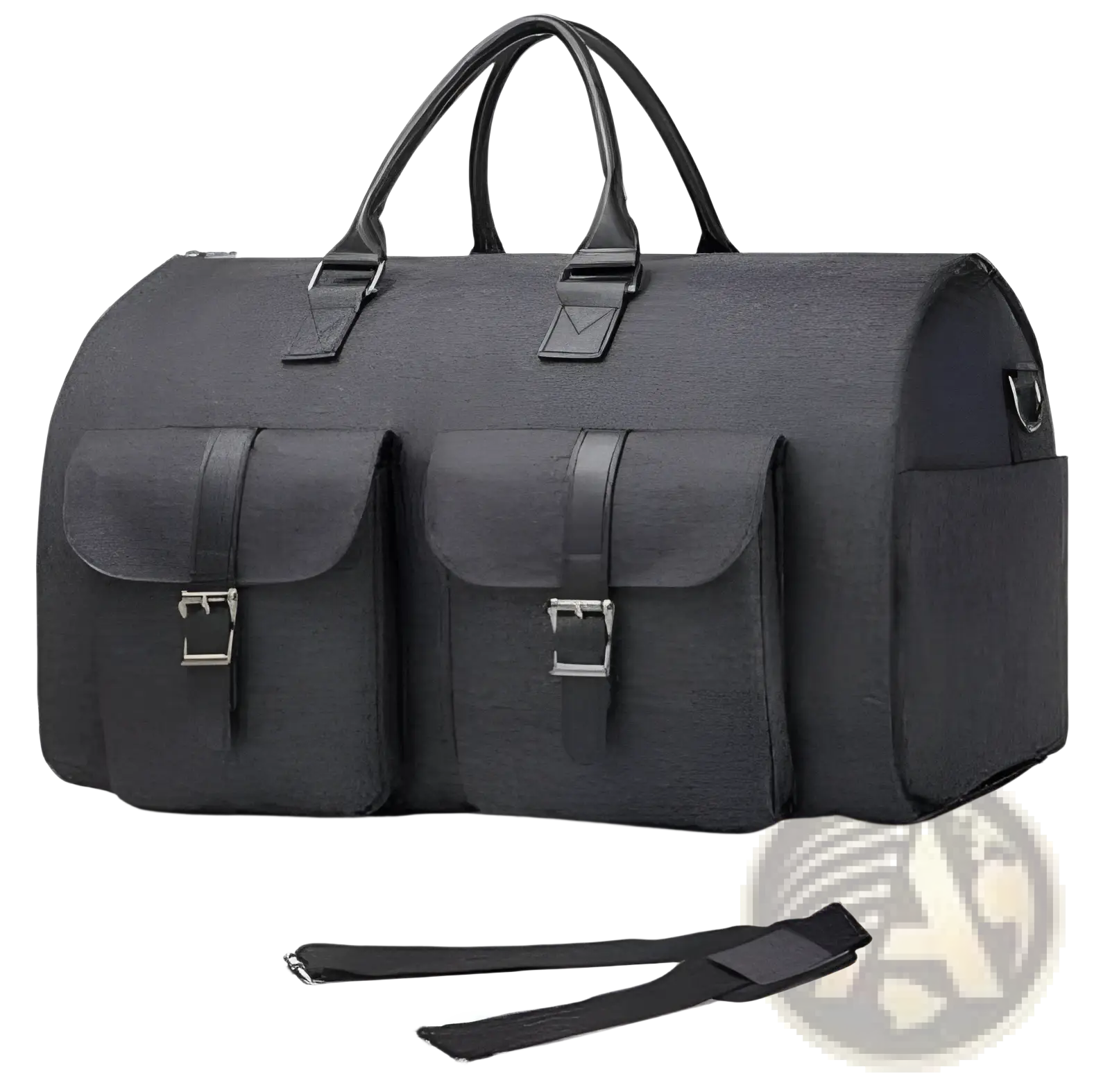 Black canvas convertible leather travel garment bag with leather handles silver buckle accents and shoe pocket