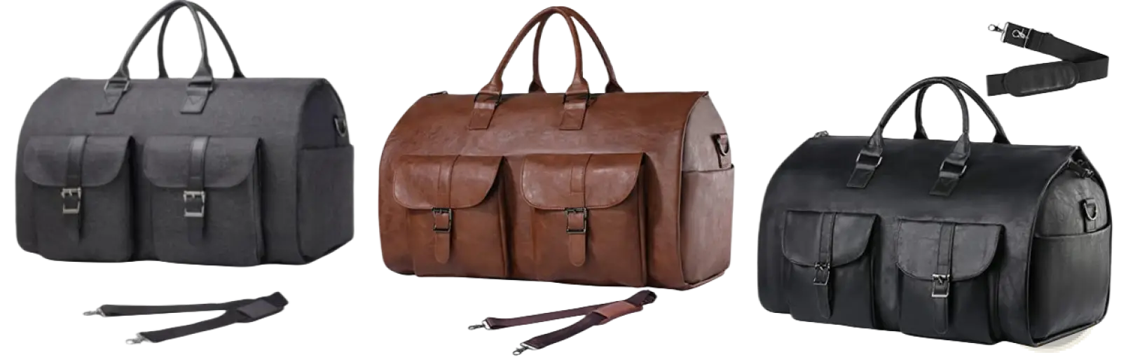 Black leather convertible travel garment bag with two front pockets and adjustable shoulder straps