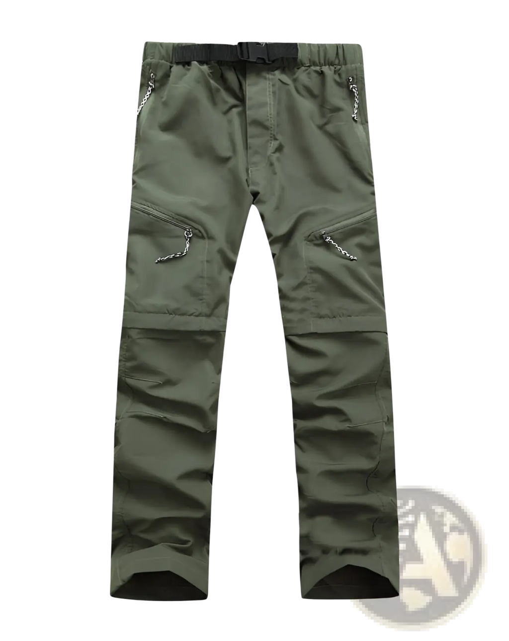 Olive green convertible tactical hiking pants with multiple pockets and chain accents for outdoor use
